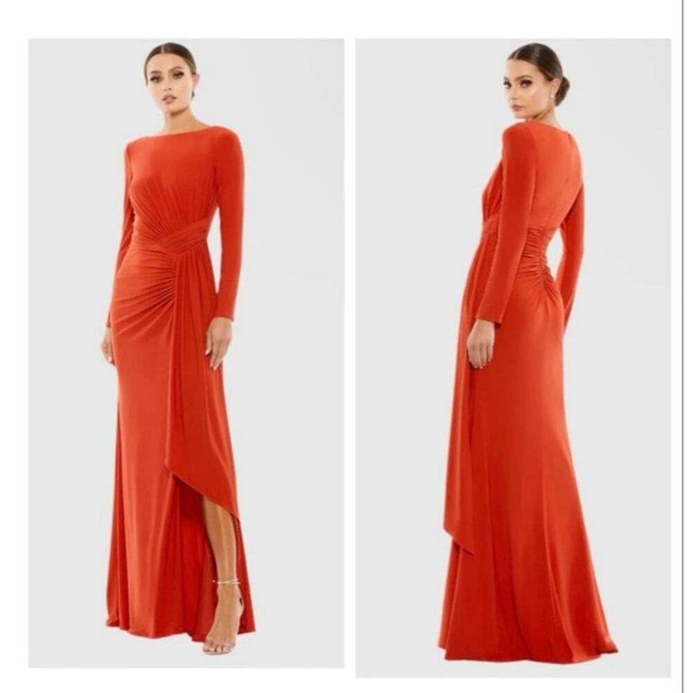 Ieena for Mac Dugal Orange Ruched Long Sleeve Boat Neck Gown Size 14